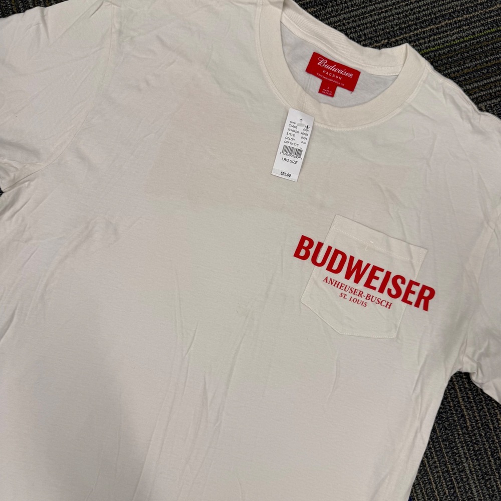 Budweiser Anheuser Busch St Louis Logo Pocket‎ Graphic T-Shirt Mens Large White